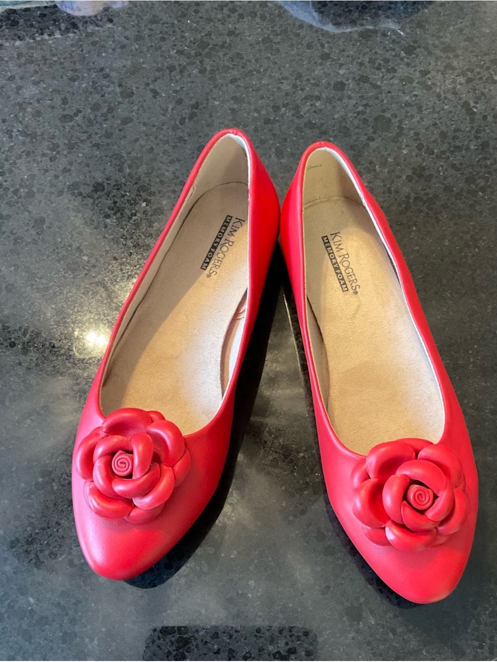 Kim Rogers Red Floral Rose Accent Rounded Point-Toe Ballet Flats